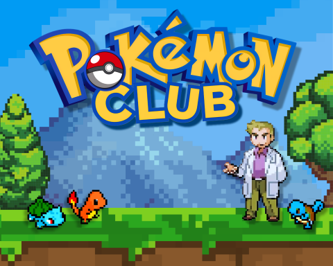  An image featuring a pixel art style design for "Pokémon Club." It shows a character in a white lab coat holding a Poké Ball, standing on grass with pixelated mountains and trees in the background. Bulbasaur, Charmander, and Squirtle are also on the grass near the character.