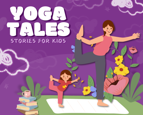 Illustration of an adult and child doing yoga on a mat with flowers and clouds in the background. The text reads "Yoga Tales: Stories for Kids." A stack of books is seen on the left side.