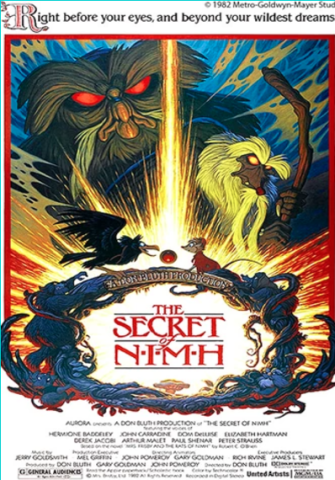 A movie poster for The Secret of NIMH. In front, a crow and a mouse with a red cloak reach for a shining red amulet. In the backround, a rat with a long beard and staff and glowing yellow eyes looms over them. Behind the rat is an owl with glowing red eyes.