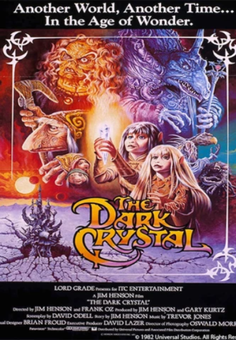 A poster for The Dark Crystal. A dark and spiky castle erupts from the cracked earth of a barren wasteland, with multiple suns and moons overhead. A pair of elf-like creatures hold up a glowing white crystal. To the right, snarling robed creatures a cross between vultures and dragons. To the left, a variety of alien/fantasy characters: a long-snouted wizard-like creature with a staff; a hag-like creature with a red dress and curling ram horns; a group of small round-faced gnome-like creatures.