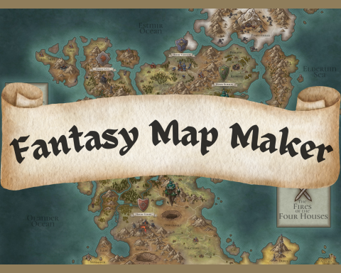 A large scroll that reads "Fantasy Map Maker" is laid out over a fantastical map of a continent with floating islands, volcanoes, castles, and decorated with seals of noble houses.