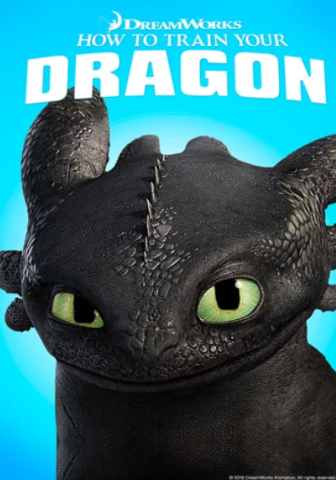 A poster for How to Train your Dragon. A black lizard-like dragon with green eyes raises an eyebrow at the viewer, on a plain blue background.