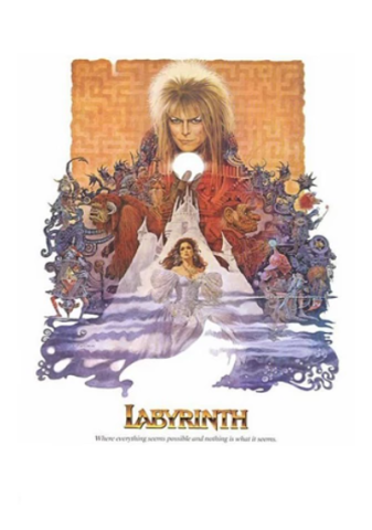 A poster for Labyrinth. A man with very poofy hair and white eyeshadow and a devious expression on his face holds a glowing orb in his hand. Below him is the outline of a white castle, and inside the outline is a girl in a regal white dress. Surrounding her are goblins, dwarves, and other fantasy creatures.