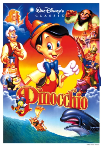 A poster for the movie Pinocchio (1940). A wooden puppet boy, wearing white gloves, red overalls, a blue bowtie, and a hat with a feather in it, is surrounded by the blue fairy, Gepetto, and other side characters. At the bottom of the poster, Monstro the whale charges out of the water towards a raft.