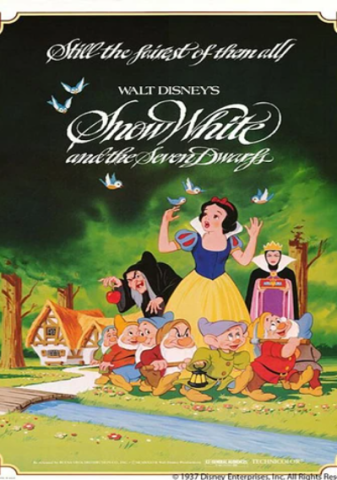 A poster for Snow White and the Seven Dwarfs. A woodland clearing with a cottage, a brook, and a wooden bridge going over it. A girl with black hair, yellow skirt, and blue top sings to some birds flying around her head. A group of 7 dwarves walk with her at her feet. On her left, an wicked-looking crone in a black cloak holds a red apple. To her right, a scowling queen with a high white collar and a golden crown holds a red box.   