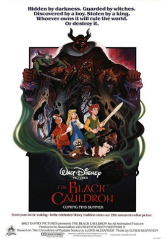 A poster for The Black Cauldron. A boy with a sword, a girl, an old man, a pig, and a small furry creature with a mustache are surrounded by trees with scary faces on them. Looming above them is a hooded figure with glowing red eyes and 2 forked horns sprouting from its head. A small green goblin-like minion is perched by the figure's side. 