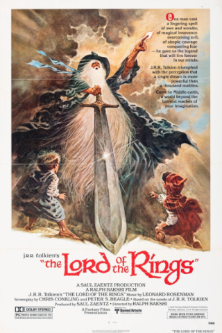 A poster for The Lord of the Rings (1978). A wizard with a long white beard and a billowing blue cloak holds a huge shining sword with one hand and shoots a red beam of magic into the air with the other. A pair of hobbits (small humanoids with bare feet and simple clothes) look up awe.