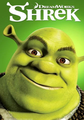 A poster for Shrek. A green ogre with brown eyes, a bald head, and ears shaped like trumpets grins at the viewer.