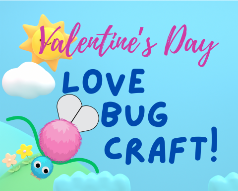 Valentine's Day Love Bug Craft. A bug made of a clothes pin and pom-poms flies around a sunny hilltop covered in flowers.