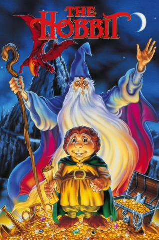 A poster for The Hobbit (1977). A smiling hobbit (a small humanoid with bare hairy feet) wearing a yellow tunic and a green cape holds a roll of parchment while standing on a pile of gold. A wizard stands behind him, with a white beard and a pointy blue hat, holding a wooden staff with his arms raised. Behind them, a red dragon is curled around the top of a mountain, under a night sky.