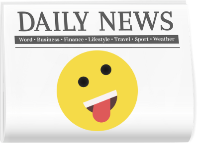 The front page of a newspaper, with "Daily News" written at the top. The front page picture is a silly yellow smily face with its tongue out.