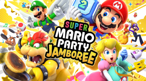 In the middle, the title: "Super Mario Party Jamboree". Surrounding the title are an assortment of Mario cast members doing silly activities: Bowser, a big yellow and green dragon with a spiked turtle shell on his back is flipping a burning pancake; Mario, a man with a mustache and a red hat with an "M" on it holds a giant 6-sided die on his shoulder; his brother Luigi, a man with a mustache and a green hat with an "L" on it, flies with white feathery wings strapped to his arms; and many others.