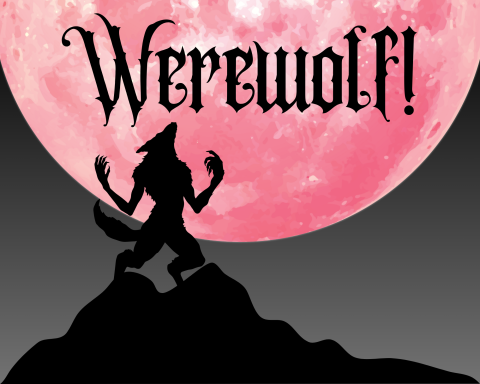 A silhouette of a wolf man standing on a hill howls up at a huge bloodshot moon. The title, which is on the moon in gothic letters, is "Werewolf"!