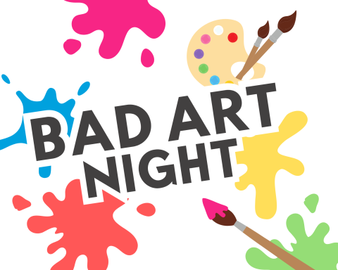 Splatters of rainbow paint with paint brushes and a paint palette