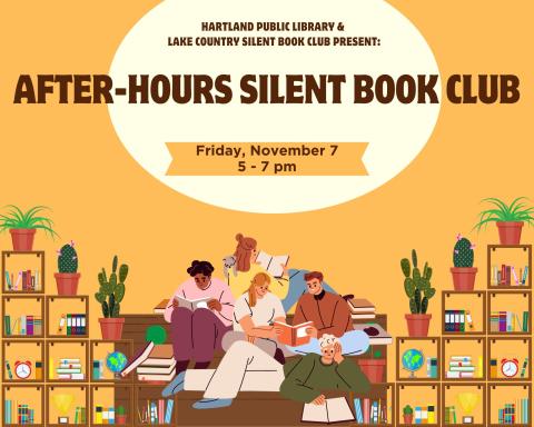 people sitting on the floor and reading, bookshelves with books, plants and knicknacks