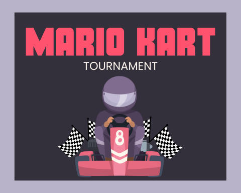 Person driving a go kart with two checkered flags