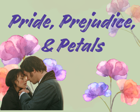 a still from the movie Pride and Prejudice and watercolor flowers