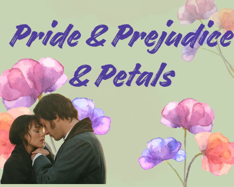 a still from the movie Pride and Prejudice and watercolor flowers