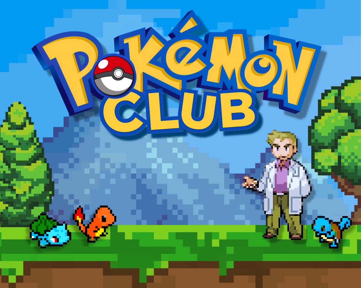 An animated scene with the text "Pokémon Club" at the top. A character in a lab coat stands on the right, and three small Pokémon are on the ground. The background features mountains and trees.