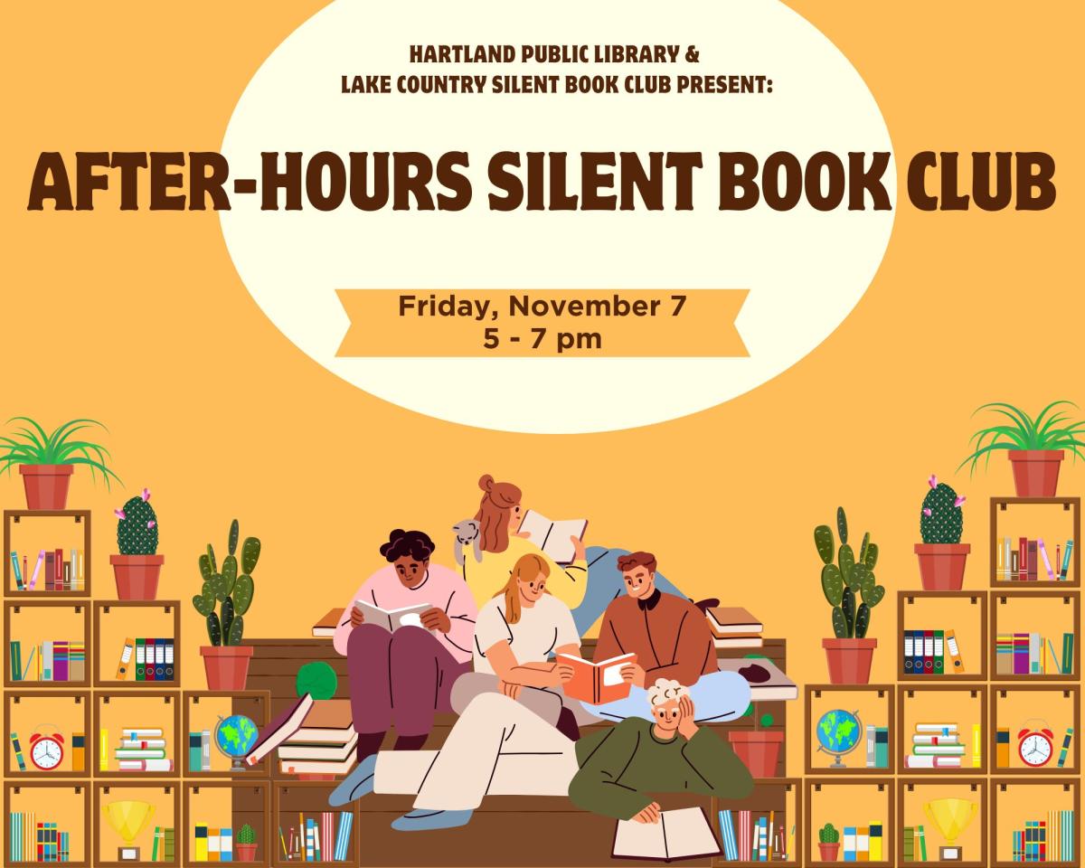 people sitting on the floor and reading, bookshelves with books, plants and knicknacks